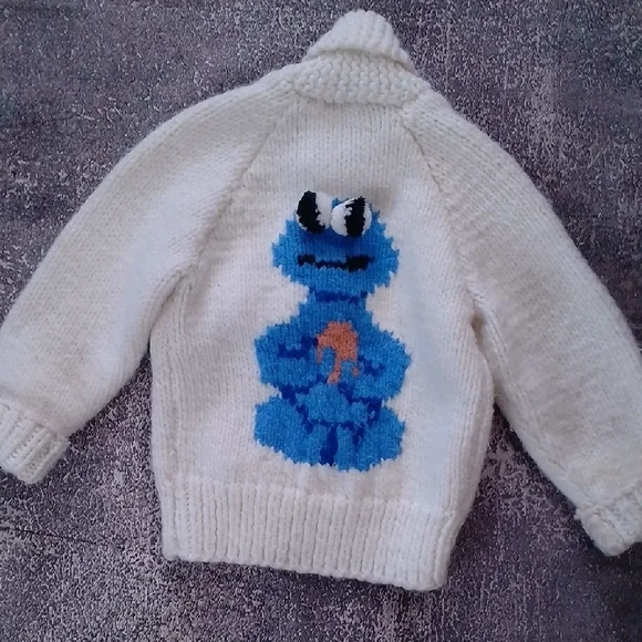 Vintage 70s Cookie Monster Cowichan Wool Jacket Googlie Eyes Handmade - Picture 5 of 8
